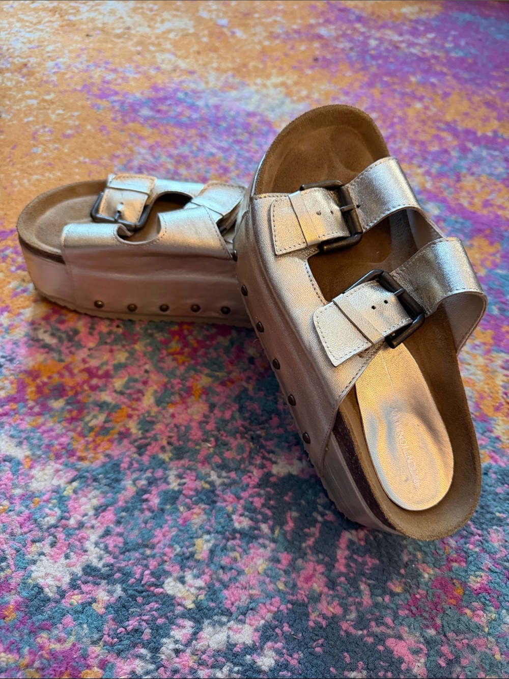 INTENTIONALLY BLANK Metallic Gold Double-Buckle Platform Sandals Size 7